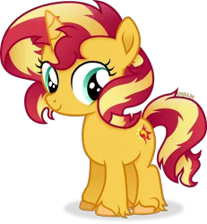Size: 5623x6084 | Tagged: safe, artist:cirillaq, derpibooru import, sunset shimmer, pony, unicorn, absurd resolution, female, filly, filly sunset shimmer, foal, full body, horn, image, png, shadow, simple background, smiling, solo, standing, tail, transparent background, two toned mane, two toned tail, unshorn fetlocks, vector, younger