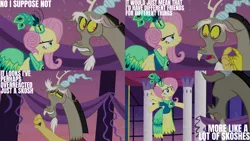 Size: 1280x720 | Tagged: safe, derpibooru import, edit, edited screencap, editor:quoterific, screencap, discord, fluttershy, draconequus, pegasus, pony, make new friends but keep discord, season 5, clothes, dress, female, flying, grin, image, jpeg, male, mare, nervous, nervous grin, open mouth, smiling, wings