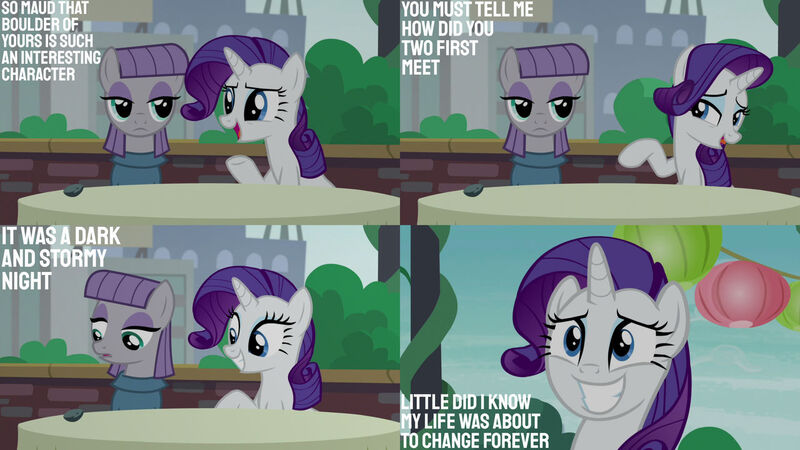 Size: 1280x720 | Tagged: safe, derpibooru import, edit, edited screencap, editor:quoterific, screencap, maud pie, rarity, earth pony, pony, unicorn, season 6, the gift of the maud pie, female, grin, image, jpeg, mare, nervous, nervous grin, open mouth, open smile, smiling