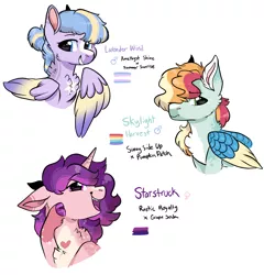 Size: 2436x2533 | Tagged: safe, artist:moccabliss, derpibooru import, oc, oc:lavender wind, oc:skylight harvest, oc:starstruck, unofficial characters only, pegasus, pony, unicorn, female, image, mare, offspring, offspring's offspring, png, simple background, white background