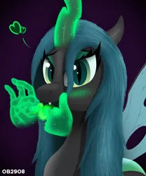 Size: 2500x3000 | Tagged: suggestive, artist:ob2908, derpibooru import, queen chrysalis, changeling, changeling queen, cute, female, glow, glowing horn, hand, heart, horn, image, magic, magic hands, png, silly face, solo, tongue out