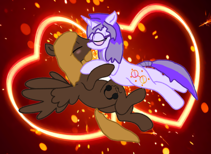 Size: 1119x816 | Tagged: safe, artist:mellow91, artist:speedbases, derpibooru import, oc, oc:glass sight, oc:mellow rhythm, unofficial characters only, pegasus, pony, unicorn, beard, blushing, couple, cute, duo, embrace, eyes closed, facial hair, female, glasses, heart, horn, image, kissing, love, making out, male, mare, oc x oc, ocbetes, pegasus oc, png, shipping, spread wings, stallion, straight, unicorn oc, wings
