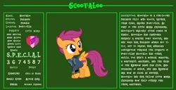 Size: 11720x6000 | Tagged: safe, artist:ponygamer2020, derpibooru import, scootaloo, pegasus, pony, fallout equestria, bio, clothes, cute, cutealoo, cutie mark, fallout, fallout equestria: character guide, female, filly, image, jumpsuit, pipboy, png, reference sheet, s.p.e.c.i.a.l., solo, the cmc's cutie marks, vault suit, vector