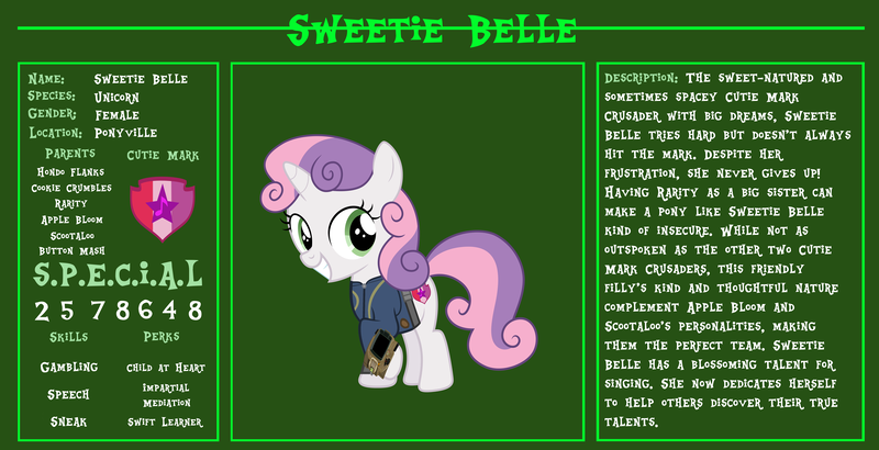 Size: 11720x6000 | Tagged: safe, artist:ponygamer2020, derpibooru import, sweetie belle, pony, unicorn, fallout equestria, bio, clothes, cute, cutie mark, diasweetes, fallout, fallout equestria: character guide, female, filly, image, jumpsuit, looking back, pipboy, png, reference sheet, s.p.e.c.i.a.l., smiling, solo, the cmc's cutie marks, vault suit, vector