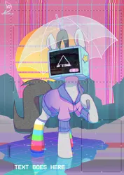 Size: 848x1200 | Tagged: safe, artist:musicfirewind, derpibooru import, oc, oc:mono, earth pony, pony, aesthetics, databending, error, glitch, image, jpeg, no signal, standing, television, umbrella, vaporwave