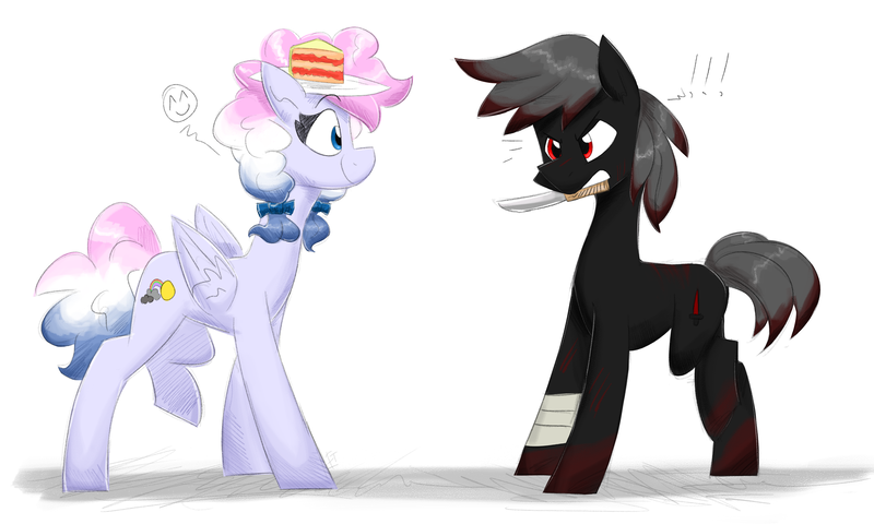 Size: 5000x3000 | Tagged: safe, artist:flutterthrash, derpibooru import, oc, oc:blood stain, oc:heavy weather, unofficial characters only, earth pony, pegasus, bandage, cake, cute, donut steel, food, image, knife, looking at each other, looking at someone, png