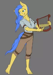 Size: 768x1080 | Tagged: safe, artist:nudeknightart, derpibooru import, oc, unofficial characters only, anthro, earth pony, plantigrade anthro, bard, barefoot, colored sketch, fantasy class, feet, fetish, foot fetish, harp, image, lyre, musical instrument, musician, png, simple background, solo, toes