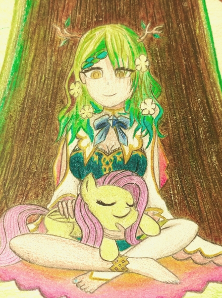 Size: 1894x2534 | Tagged: safe, artist:count adramélekh sear, derpibooru import, fluttershy, human, pegasus, pony, ceres fauna, derpibooru exclusive, hololive, hololive eng, image, jpeg, sleeping, traditional art, vtuber, wip