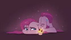 Size: 4134x2364 | Tagged: safe, artist:dorkmark, derpibooru import, pinkie pie, earth pony, pony, :t, cheek fluff, chibi, cupcake, ear fluff, face down ass up, floppy ears, food, image, leg fluff, looking at something, pinkamena diane pie, png, sad