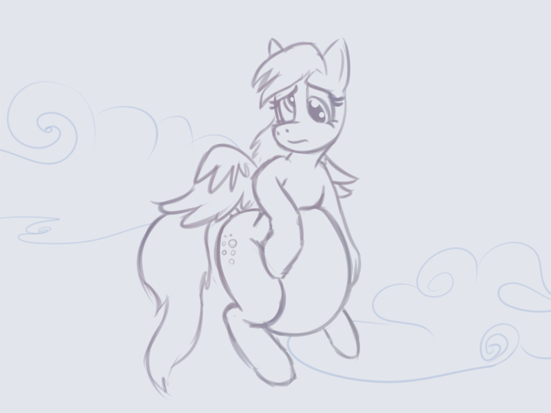 Size: 800x600 | Tagged: safe, artist:okiedokielowkey, derpibooru import, derpy hooves, pegasus, pony, aderpose, belly, big belly, cloud, fat, female, flying, image, mare, png, sketch, sky, solo