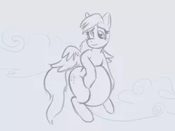 Size: 800x600 | Tagged: safe, artist:okiedokielowkey, derpibooru import, derpy hooves, pegasus, pony, aderpose, belly, big belly, cloud, fat, female, flying, image, mare, png, sketch, sky, solo