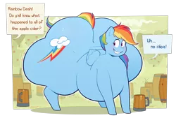 Size: 3700x2500 | Tagged: suggestive, artist:secretgoombaman12345, derpibooru import, rainbow dash, pegasus, pony, apple, apple tree, barrel, blushing, butt, cider, fat, female, food, high res, huge butt, image, impossibly large butt, impossibly large thighs, large butt, mare, obese, offscreen character, png, rainblob dash, speech bubble, thighs, thunder thighs, tree