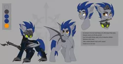Size: 1920x998 | Tagged: safe, artist:sinner_png, derpibooru import, oc, oc:dusk blade, unofficial characters only, bat pony, amulet, anime hair, armor, bat pony oc, bat wings, chaos, claws, fanfic art, goggles, image, jewelry, knife, mask, night vision goggles, png, reference sheet, respirator, soldier pony, splinter rifle, wings