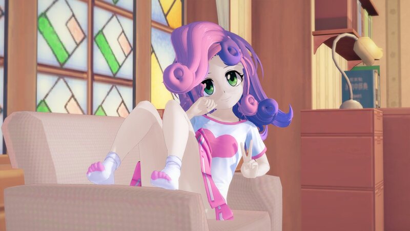 Size: 1366x768 | Tagged: safe, artist:legions20, derpibooru import, apple bloom, scootaloo, sweetie belle, equestria girls, 3d, chair, clothes, cute, cutie mark crusaders, feet, image, jpeg, koikatsu, looking at you, peace sign, room, sitting, smiling, socks, stocking feet