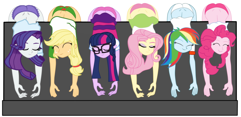 Size: 6562x3201 | Tagged: suggestive, artist:gmaplay, derpibooru import, applejack, fluttershy, pinkie pie, rainbow dash, rarity, sci-twi, twilight sparkle, equestria girls, absurd resolution, applebutt, ass, balloonbutt, bent over, butt, clothes, eyes closed, female, females only, flutterbutt, humane five, humane six, image, png, rainbutt dash, rearity, reference, sci-twibutt, simple background, smiling, transparent background, unconscious, underwear