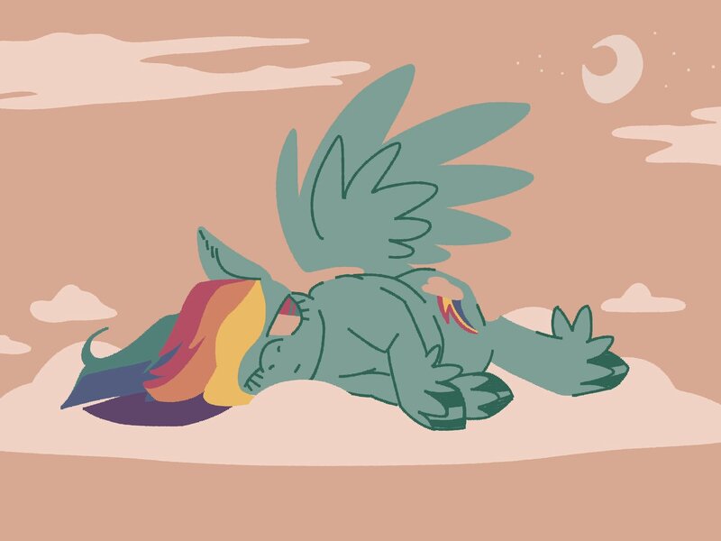 Size: 2048x1536 | Tagged: safe, artist:pastacrylic, derpibooru import, rainbow dash, pegasus, pony, cloud, crescent moon, frown, image, jpeg, lying down, lying on a cloud, moon, on a cloud, solo, spread wings, tired, wings