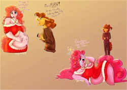 Size: 2048x1449 | Tagged: safe, artist:unfinishedheckery, derpibooru import, cheese sandwich, pinkie pie, anthro, earth pony, belly button, breasts, camera, cheesepie, clothes, crying, dialogue, digital art, duo, eyes closed, female, floppy ears, hand on belly, husband and wife, image, jpeg, male, open mouth, pregnant, shipping, simple background, straight, talking, text