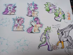 Size: 2048x1536 | Tagged: safe, artist:unfinishedheckery, derpibooru import, gabby, rarity, spike, anthro, dragon, gryphon, pony, unicorn, dragon mail, horn, image, jpeg, letter, marshmelodrama, open mouth, rarity being rarity, tongue out, traditional art, winged spike, wings, you got mail