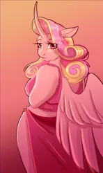 Size: 2343x3960 | Tagged: safe, artist:unfinishedheckery, derpibooru import, princess cadance, alicorn, anthro, bedroom eyes, breasts, clothes, digital art, dress, female, horn, image, jpeg, looking at you, looking back, looking back at you, rear view, sideboob, simple background, solo, spread wings, wings