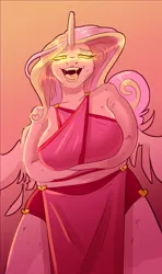 Size: 2343x3960 | Tagged: safe, artist:unfinishedheckery, derpibooru import, princess cadance, alicorn, anthro, arm under breasts, bedroom eyes, breasts, clothes, digital art, disguise, disguised changeling, dress, female, glow, glowing eyes, horn, image, implied queen chrysalis, implied transformation, jpeg, looking at you, simple background, solo, spread wings, wings