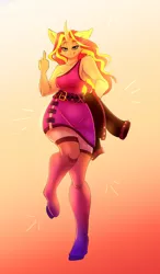Size: 2100x3600 | Tagged: safe, artist:unfinishedheckery, derpibooru import, sunset shimmer, anthro, unguligrade anthro, unicorn, bedroom eyes, breasts, clothes, digital art, dress, female, holes, horn, image, jpeg, looking at you, simple background, socks, solo, stockings, thigh highs