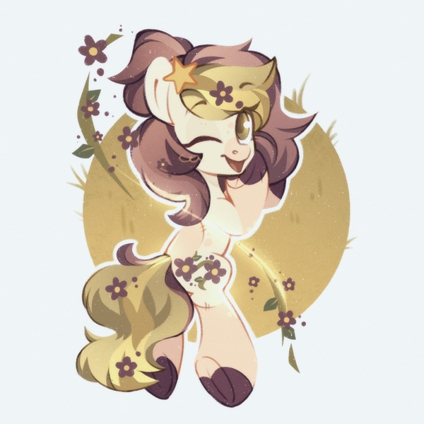 Size: 1500x1500 | Tagged: safe, artist:tsarstvo, derpibooru import, oc, unofficial characters only, earth pony, pony, female, flower, flower in hair, image, jpeg, looking at you, mare, one eye closed, solo, underhoof, wink