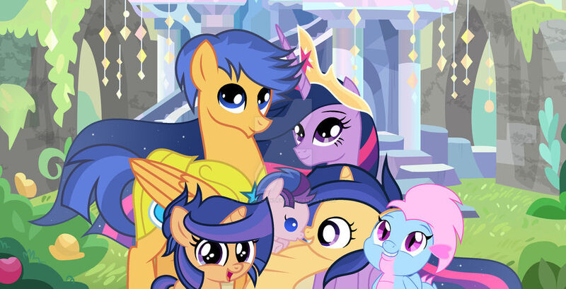 Size: 1024x524 | Tagged: safe, artist:velveagicsentryyt, derpibooru import, flash sentry, twilight sparkle, twilight sparkle (alicorn), oc, oc:alice (velvetsentryyt), oc:galaxy swirls, oc:starbreaker, oc:velvet sentry, alicorn, dragon, pony, baby, baby pony, female, filly, flashlight, image, jpeg, male, offspring, parent:flash sentry, parent:twilight sparkle, parents:flashlight, shipping, straight