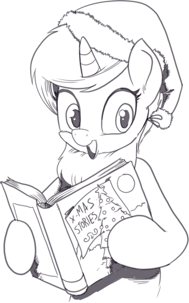 Size: 786x1262 | Tagged: safe, artist:nauyaco, derpibooru import, oc, pony, unicorn, book, christmas, female, hat, holiday, image, mare, monochrome, png, santa hat, solo