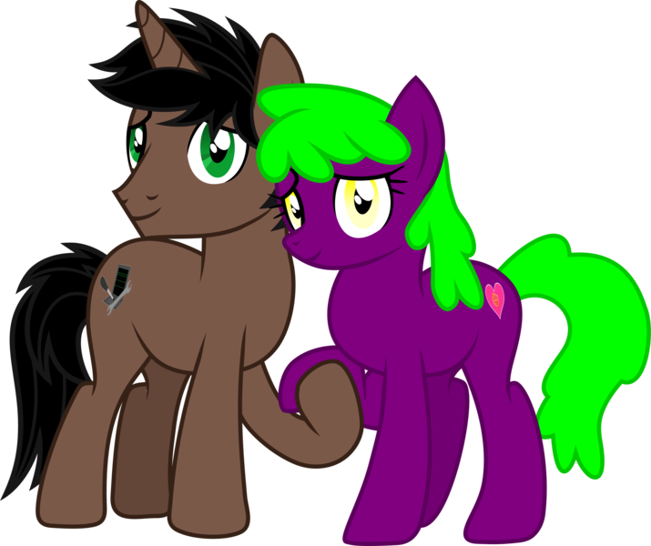 Size: 2588x2172 | Tagged: safe, artist:lincolnbrewsterfan, derpibooru import, oc, oc:dark driveology, oc:rose love, derpibooru community collaboration, 2022 community collab, base used, black mane, black tail, brown, computer, couple, derpibooru exclusive, duo, female, flower, green eyes, green mane, green tail, heart, holding hooves, image, inkscape, looking at you, male, male and female, oc request, oc x oc, png, purple, raised hoof, request, requested art, rose, screwdriver, shipping, simple background, smiling, smiling at you, .svg available, tail, transparent background, vector, wrench, yellow eyes