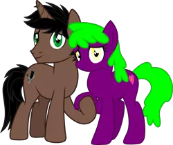 Size: 2588x2172 | Tagged: safe, artist:lincolnbrewsterfan, derpibooru import, oc, oc:dark driveology, oc:rose love, derpibooru community collaboration, 2022 community collab, base used, black mane, black tail, brown, computer, couple, derpibooru exclusive, duo, female, flower, green eyes, green mane, green tail, heart, holding hooves, image, inkscape, looking at you, male, male and female, oc request, oc x oc, png, purple, raised hoof, request, requested art, rose, screwdriver, shipping, simple background, smiling, smiling at you, .svg available, tail, transparent background, vector, wrench, yellow eyes