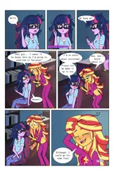 Size: 2650x4096 | Tagged: safe, artist:verumteednp, edit, sci-twi, sunset shimmer, twilight sparkle, human, comic:sparkling shimmer, equestria girls, belly button, clothes, comic, fetish fuel, hungry, image, midriff, pajamas, png, stomach noise