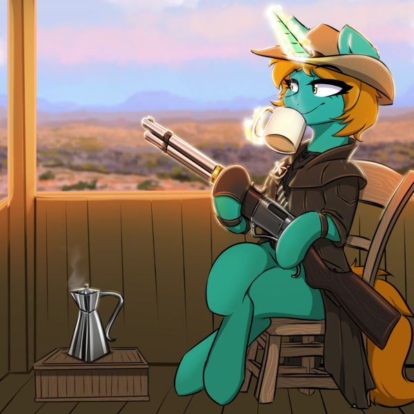 Size: 2000x2000 | Tagged: safe, artist:kennzeichen, derpibooru import, oc, oc:dust runner, unofficial characters only, pony, unicorn, background, clothes, coffee, commission, duster, female, gun, hat, image, levitation, magic, mare, png, rifle, sheriff's badge, sitting, solo, telekinesis, weapon