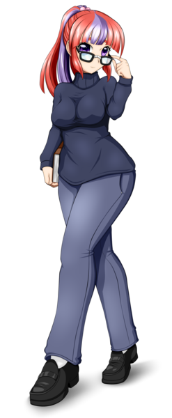 Size: 1280x3113 | Tagged: safe, artist:conrad-hauser, moondancer, human, breasts, busty moondancer, clothes, glasses, humanized, image, jeans, pants, png, shoes, simple background, sweater, transparent background