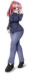 Size: 1280x3113 | Tagged: safe, artist:conrad-hauser, moondancer, human, breasts, busty moondancer, clothes, glasses, humanized, image, jeans, pants, png, shoes, simple background, sweater, transparent background