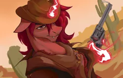 Size: 1064x676 | Tagged: safe, artist:karay, derpibooru import, oc, oc:red flux, unofficial characters only, changeling, insect, moth, mothling, original species, cactus, clothes, cowboy, cowboy hat, desert, fangs, floppy ears, glow, glowing horn, gun, handgun, hat, horn, image, jacket, magic, one eye covered, palindrome get, png, red changeling, revolver, sand, species swap, telekinesis, weapon