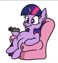 Size: 390x426 | Tagged: safe, artist:jargon scott, derpibooru import, twilight sparkle, pony, unicorn, belly, belly button, chair, female, hoof hold, image, jpeg, mare, remote, simple background, sitting, smiling, solo, still frame, unicorn twilight, white background