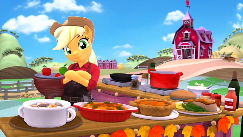 Size: 3840x2160 | Tagged: safe, artist:owlpirate, derpibooru import, applejack, earth pony, pony, semi-anthro, 3d, 4k, apple, apron, barn, casserole, clothes, crossed hooves, female, food, grill, high res, holiday, image, looking at you, mare, pie, png, smiling, smiling at you, solo, soup, source filmmaker, sweet apple acres, thanksgiving