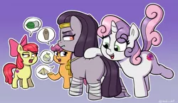 Size: 2598x1509 | Tagged: safe, artist:heretichesh, derpibooru import, apple bloom, scootaloo, sweetie belle, oc, oc:mummydew, earth pony, pegasus, pony, unicorn, annoyed, butt, coffin, cutie mark crusaders, female, filly, food, frown, gradient background, image, jpeg, lidded eyes, looking back, melon, nose wrinkle, pickle, pictogram, plot, pyramid, speech bubble