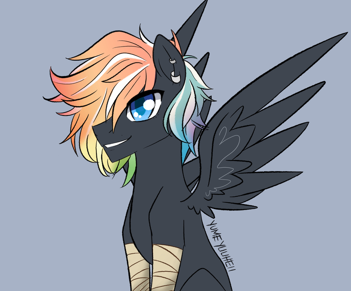 Size: 2900x2400 | Tagged: safe, artist:yumeyuuheii, derpibooru import, oc, unofficial characters only, pegasus, pony, bust, gray background, image, jpeg, male, multicolored hair, offspring, parent:rainbow dash, parent:soarin', parents:soarindash, pegasus oc, rainbow hair, simple background, solo, stallion, wings