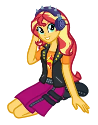 Size: 600x760 | Tagged: safe, artist:wavebreeze234, derpibooru import, sunset shimmer, equestria girls, boots, clothes, cutie mark, cutie mark on clothes, grin, headphones, image, kneeling, png, shoes, simple background, smiling, solo, transparent background