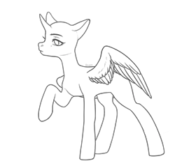Size: 1031x994 | Tagged: safe, alternate version, artist:klewgcg, derpibooru import, oc, unofficial characters only, alicorn, pony, alicorn oc, bald, base, horn, image, lineart, monochrome, png, raised hoof, simple background, solo, transparent background, wings