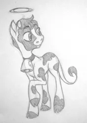 Size: 1155x1632 | Tagged: safe, artist:thepurpah, derpibooru import, oc, unofficial characters only, cow, cloven hooves, grayscale, halo, image, jpeg, monochrome, smiling, traditional art