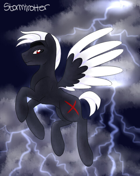 Size: 2000x2500 | Tagged: safe, artist:thepurpah, derpibooru import, oc, oc:stormtrotter, unofficial characters only, pegasus, pony, cloud, colored wings, flying, image, jpeg, lightning, male, outdoors, solo, stallion, two toned wings, wings