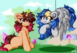 Size: 2602x1801 | Tagged: safe, artist:woonborg, derpibooru import, oc, oc:bluecode, oc:woon, pegasus, pony, unicorn, background, ball, confused, g5, hanging, image, irritated, png, sitting, soft color, tennis ball