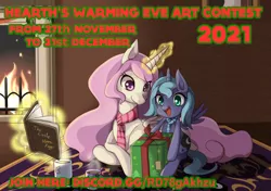 Size: 1400x986 | Tagged: safe, artist:grasspainter, derpibooru import, princess celestia, princess luna, alicorn, pony, bag, book, box, chocolate, christmas, clothes, contest, cup, cute, discord (program), drink, female, filly, fire, fireplace, food, happy, hearth's warming eve, holiday, hot chocolate, image, levitation, lying down, magic, mug, open mouth, pink-mane celestia, png, pointy ponies, present, prone, royal sisters, rug, scarf, siblings, sisters, smiling, telekinesis, woona, wreath, younger