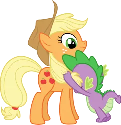 Size: 3000x3082 | Tagged: safe, artist:cloudyglow, derpibooru import, applejack, spike, dragon, earth pony, pony, spike at your service, .ai available, applejack's hat, cowboy hat, duo, eyes closed, female, hat, image, male, mare, png, simple background, transparent background, vector