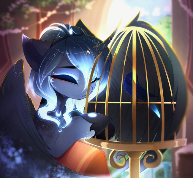 Size: 3716x3428 | Tagged: source needed, safe, artist:magnaluna, derpibooru import, princess luna, alicorn, bird, pony, cage, crown, curved horn, cute, ethereal mane, eyes closed, eyeshadow, female, glowing mane, gradient mane, hair over one eye, hoof shoes, horn, horn jewelry, image, jewelry, makeup, mare, png, regalia, solo, wings