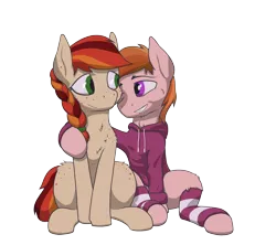 Size: 4500x4000 | Tagged: safe, artist:al solae, derpibooru import, oc, oc:ember glow, oc:stuben, earth pony, pony, brother and sister, clothes, female, hoodie, hug, image, leg warmers, male, png, siblings, simple background, transparent background
