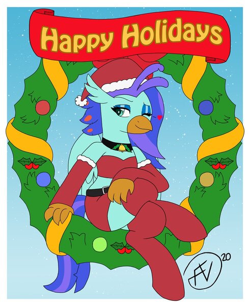 Size: 1676x2048 | Tagged: safe, artist:flawlessvictory20, derpibooru import, oc, oc:sea lilly, unofficial characters only, hippogriff, bell, christmas, clothes, collar, commission, costume, crossed legs, hat, heart, holiday, image, jpeg, one eye closed, santa costume, santa hat, socks, wink, wreath, ych result