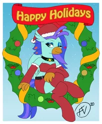 Size: 1676x2048 | Tagged: safe, artist:flawlessvictory20, derpibooru import, oc, oc:sea lilly, unofficial characters only, hippogriff, bell, christmas, clothes, collar, commission, costume, crossed legs, hat, heart, holiday, image, jpeg, one eye closed, santa costume, santa hat, socks, wink, wreath, ych result